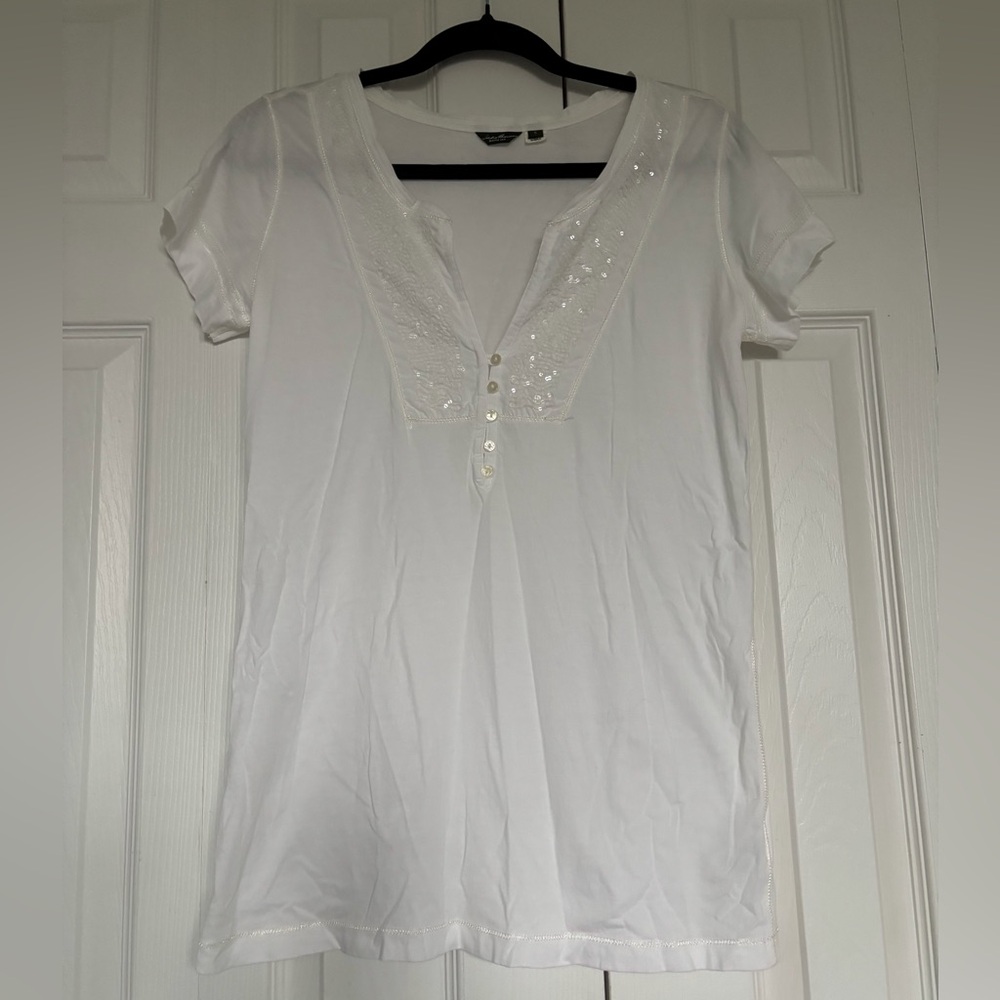 Eddie Bauer White Short Sleeve V-Neck Tee with Sequined Trim